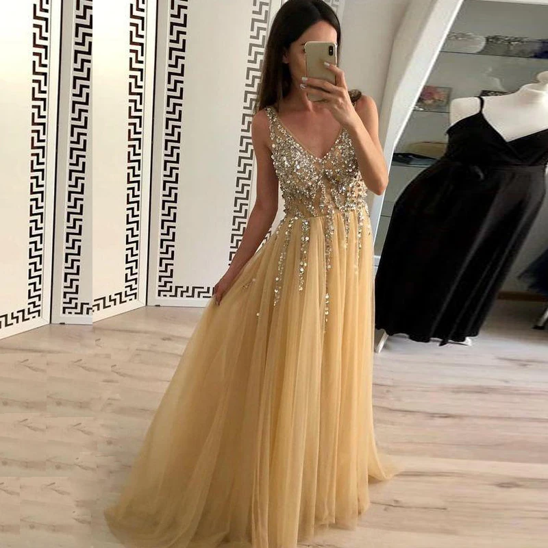 

Fashion Prom Dresses V-neck Sleeveless Illlusion Beading Sequins Tulle Long Evening Dress Robe Soiree Backless