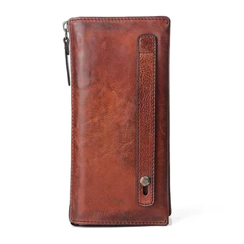 

Vintage Designer Genuine Vegetable Tanned Leather Large Capacity Man Phone Clutch Wallet Men Wristlets Handy Bag Male Card Purse