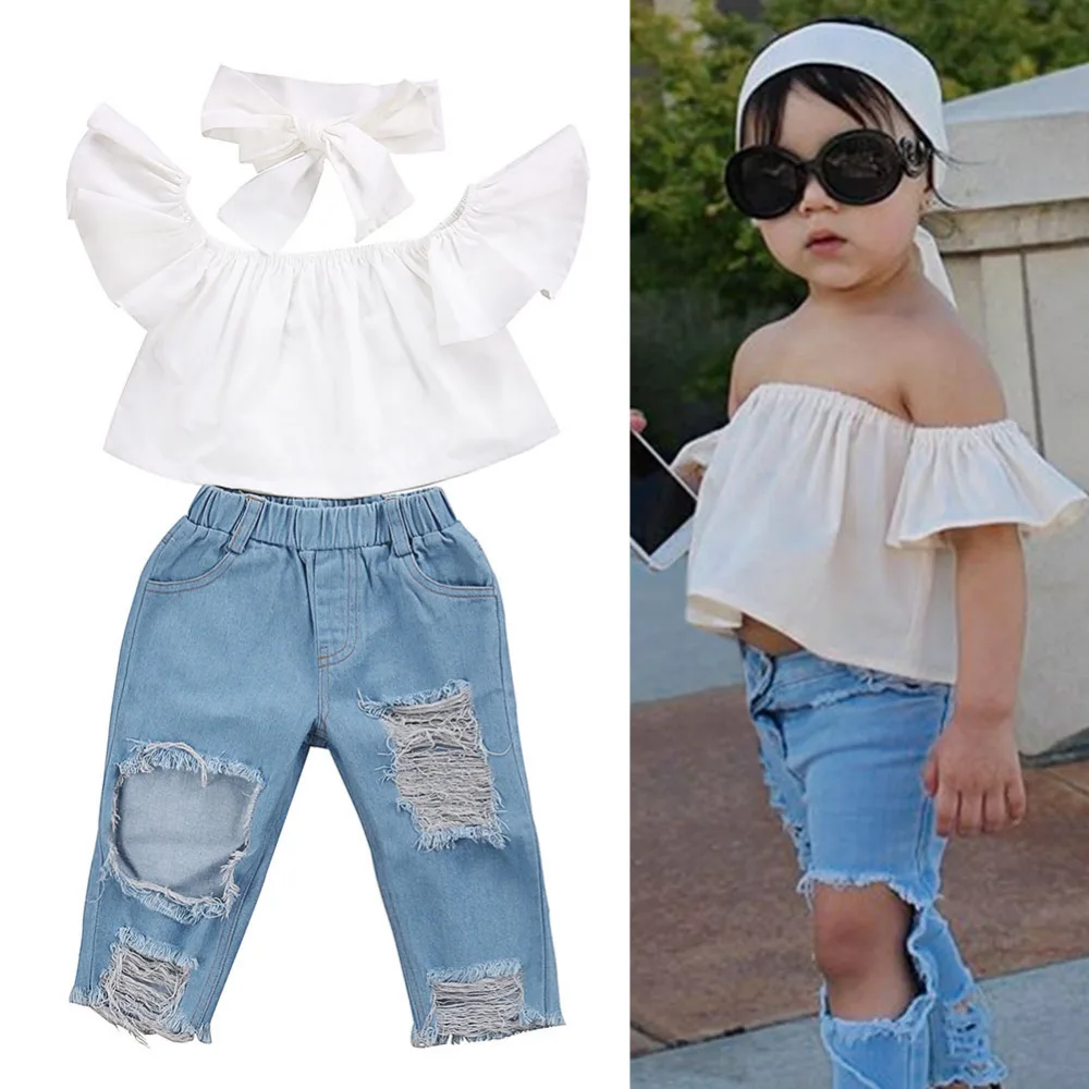 

Fashion 3Ppcs Baby Kids Girls Set Sleeveless Halter Tops & Hole Cut Bandage Jeans Pants & Headwear Outfit for 1-6 Years Girls