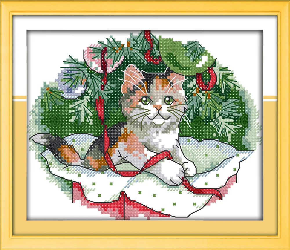 Christmas kitten Printed Canvas DMC Counted Cross Stitch Kits printed
