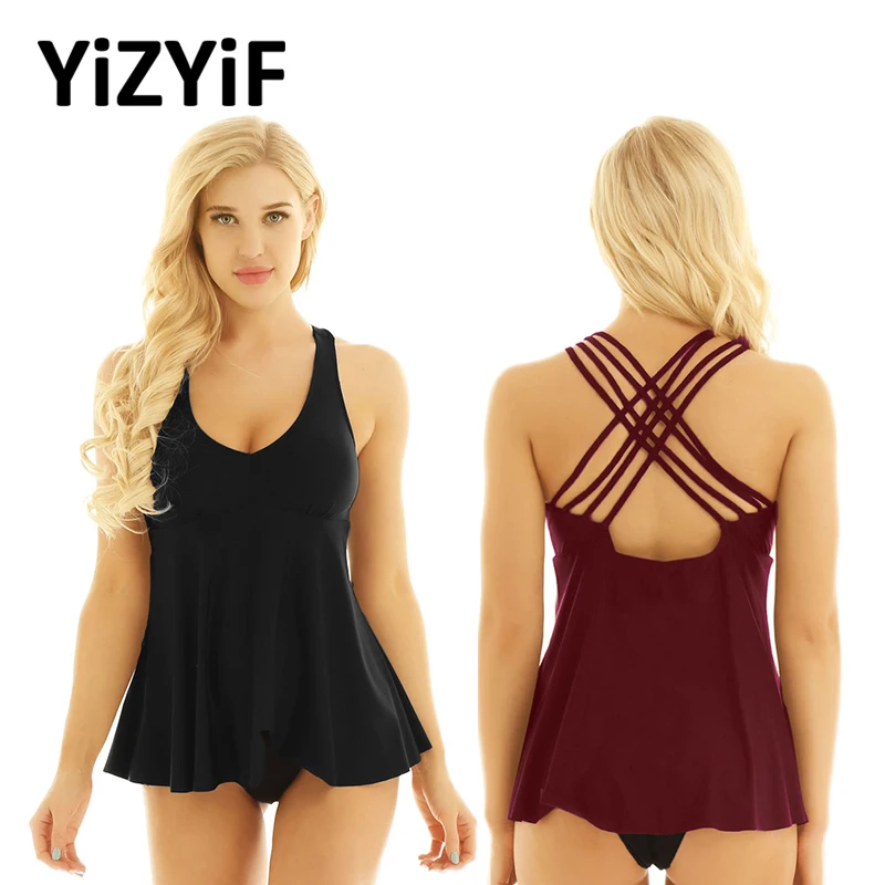 Womens Tankini Swimsuits swim top V-neck Cross Back Wire-free Padded Flowy Swim Tops Modest Swimwear Women 2019 swimming suit | Спорт и