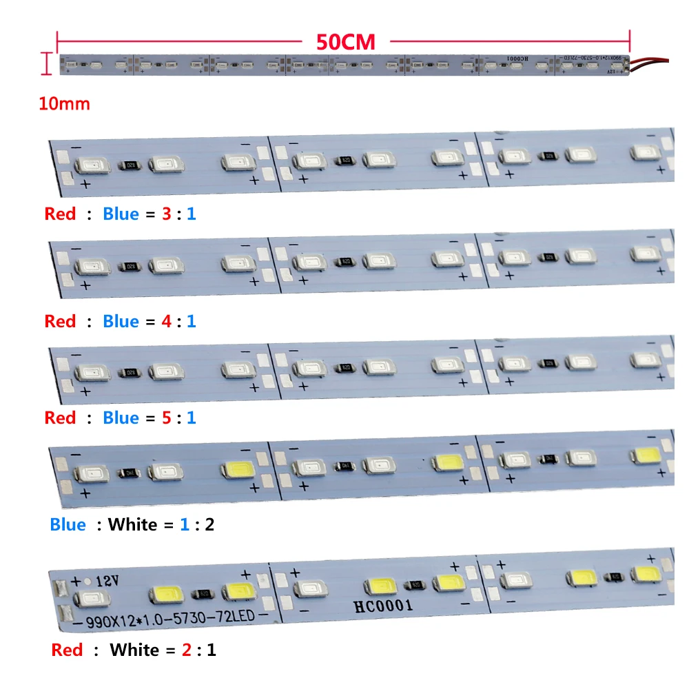 Светодиодный фонарь для выращивания растений, 12 В постоянного тока, 5730 светодиодный брусок, жесткая полоска, красный, синий цвет, для аквариума, зеленый дом, гидропоники, 10 шт./лот