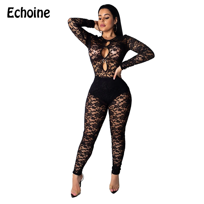 

Echoine Sexy See Through Lace Bodysuit Solid Skinny Jumpsuit Long Sleeve Women Summer Hollow Out Romper Clubwear With Shorts