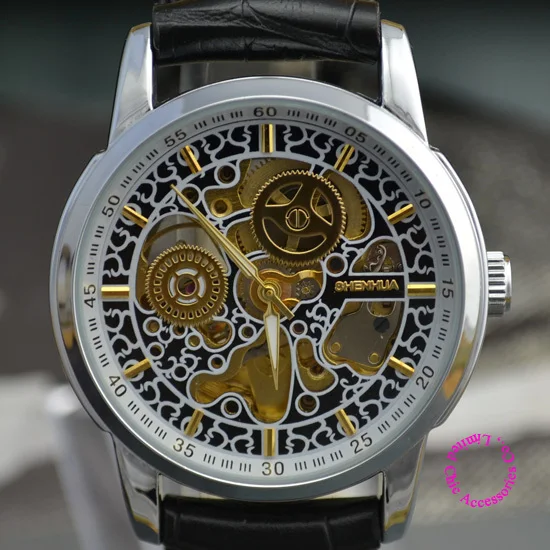 

wholesale price good quality luxury Man black Skeleton automatic self wind Mechanical business wristwatch Watch hour