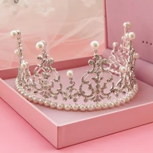 Европейский Дизайн Принцесса Жемчужиной Кристалл PageantTiara Невесты Королева Корона Свадебный Головной Убор Повязка Ювелирных Изделий Волос Торжества