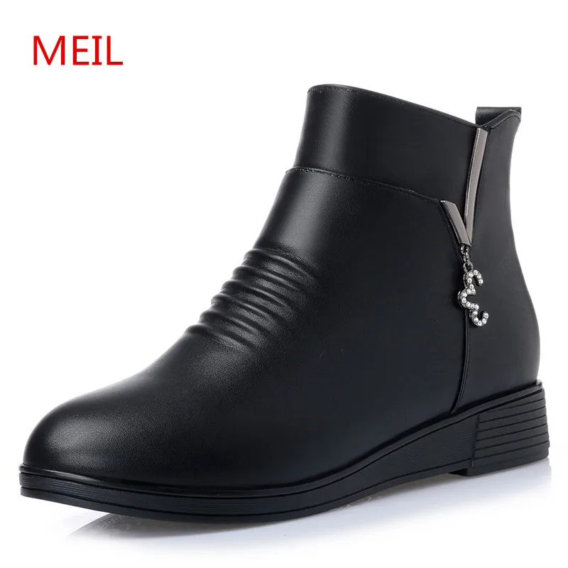 MEIL Genuine Leather winter mother flat shoes keep warm anti-skid snow boots women round toe ankle boots for women ladies shoes jawakye round toe silver chains studded ankle boots women flat heel genuine leather winter shoes motocycle boots for women