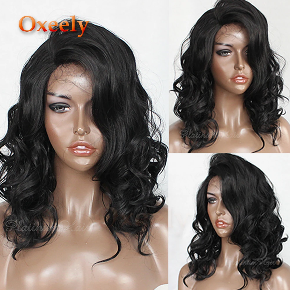 

Oxeely Bob Wavy Synthetic Lace Front Wigs Black Color Short Wave Wig With Baby Hair Heat Resistant Fashion Hair Wigs for Women