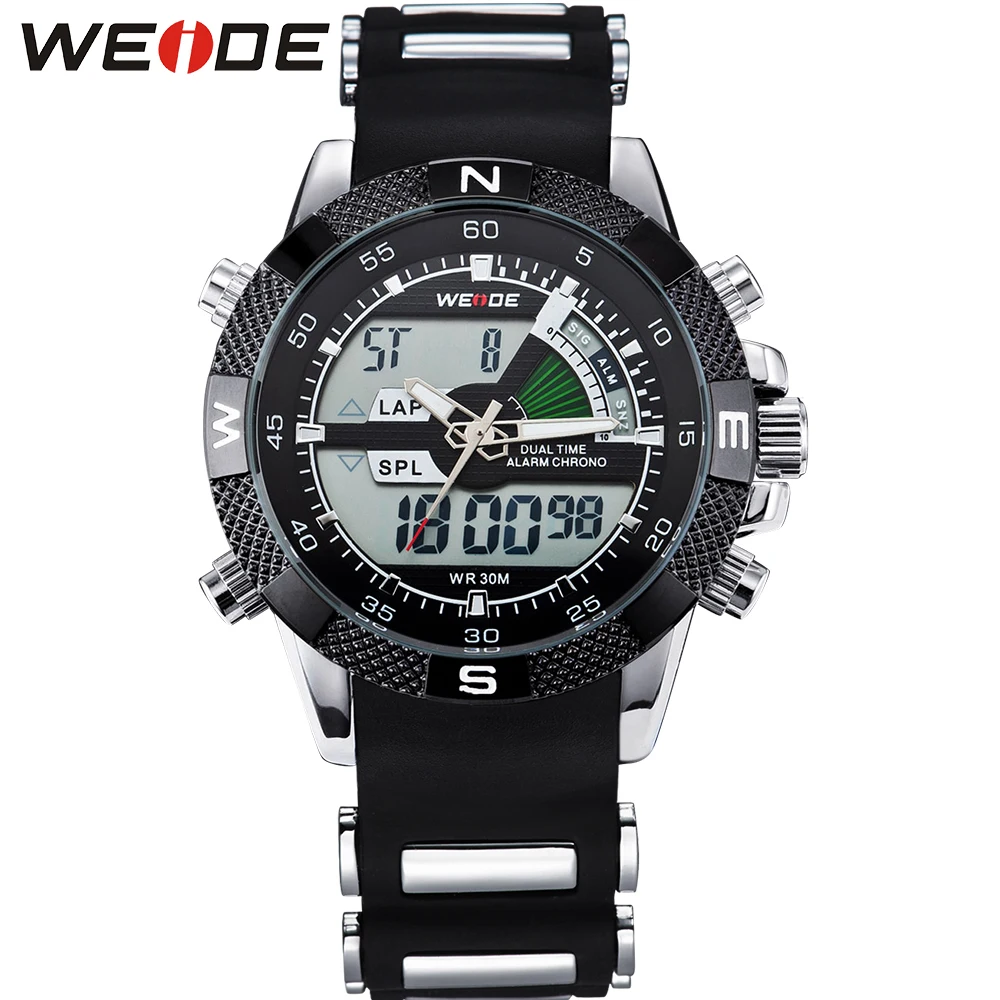 2013 Brand New WEIDE men LED Luminous analog digit dual time display Date Week Alarm luxury brand sport watch unique design 3ATM