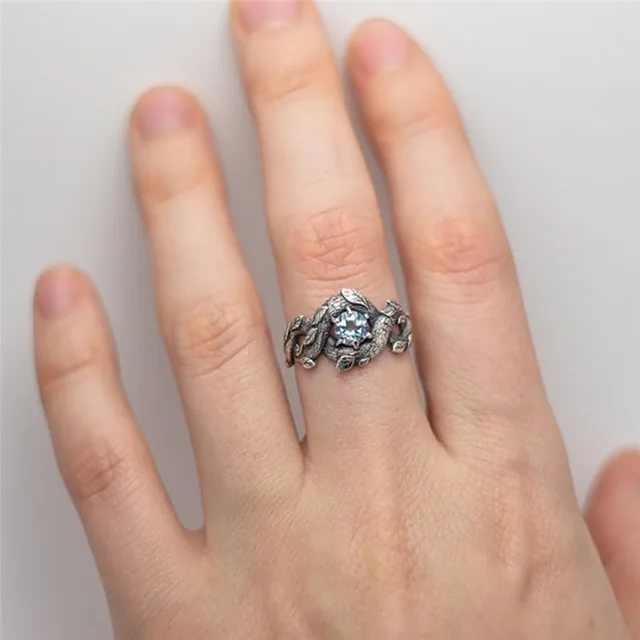 GS Twisted Leaves Flower Blue Rhinestone Woman Ring Sliver Color Finger Rings For Men Statement Ring Size 6 To 10 Wholesale R5DG