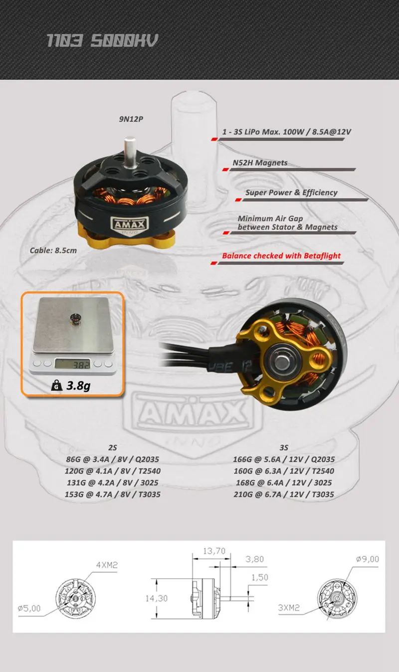 AMAXinno 1103 5000KV 1-3S Brushless Motor 3.7g for RC Drone FPV Racing