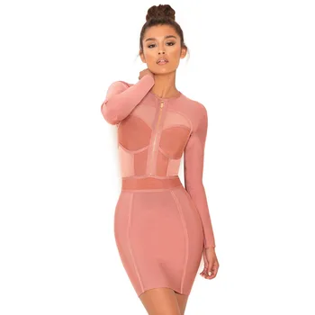 

Zippers 2019 Mini New Style Fashion Bandage See-through Dress Sexy Women Night Club Party Body con Full O-Neck Dresses Wholesale