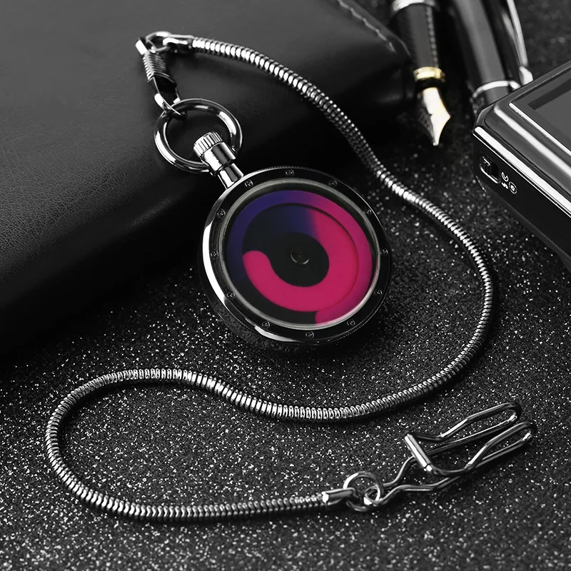 

Punk Black Retro Pocket Watch Unique Turntable Display Cool Quartz Pendant ClocK Gift for Men Women with Chain