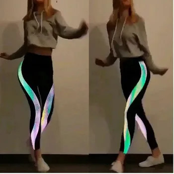 

2019 Women Summer Striped Reflective Leggings Workout Fitness Leggings High Ladies Night Club Push Up Pants