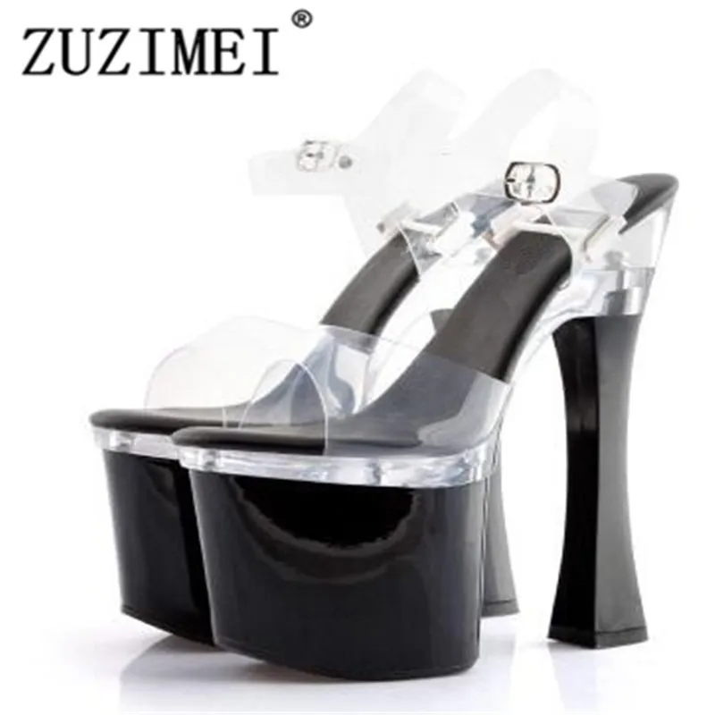 

Summer Crossdresser sexy high-heeled ladies 20cm thick heel crystal platform Buckle sandals SM shoes woman pumps