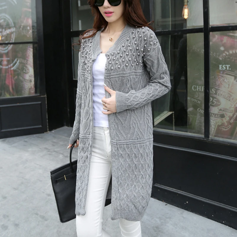 Us 703 28 Off3d Ball Grey Pearl Knitted Sweater Long Cardigan Pull Femme Warm 2018 Autumn Sweater Pink Yellow Knitwear Outwear 66651 In Cardigans