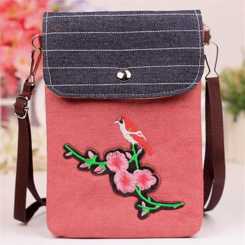 

M309 Fashionable Creative Women Bag Ethnic Style Denim Fabric Canvas Roses Clubs Magpie Bird Double Zipper A Small Satchel
