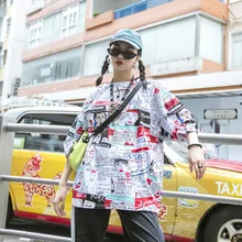 Улица, хип-хоп, индивидуальность, граффити, мультфильм, письмо печать, свободный BF, средняя длина, пятиточечный рукав футболка лето