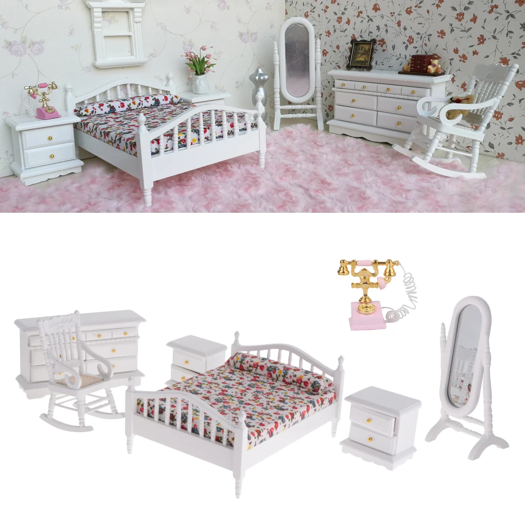 1:12 Dollhouse Bedroom Kit Double Bed, Bedside Cabinet, Mirror, Rocking Horse Model Milk White Doll House Furniture Set