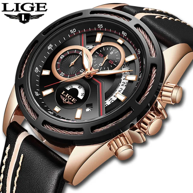 

LIGE Mens Watches Top Brand Luxury Chronograph Business Quartz Watch Men leather Waterproof Sports Watches Relogio Masculino