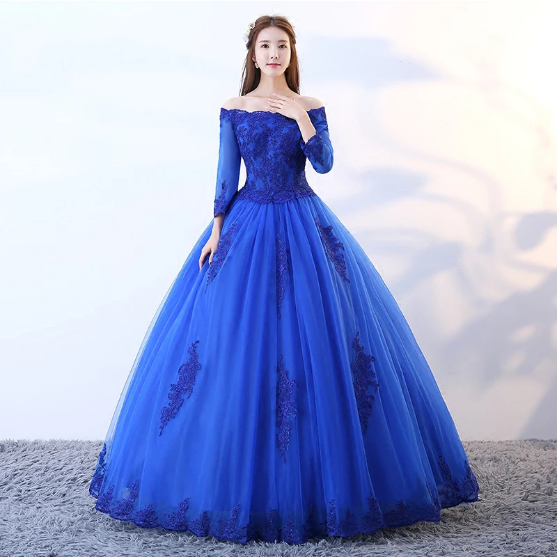 

Long Sleeves Ball Gown Royal Blue Moroccan Evening Dresses 2019 with Appliques Bestidos De Noche Prom Dress