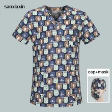 Sanxiaxin дышащая хирургическая медицинская форма унисекс мультфильм печать v-образным вырезом Скраб Топы Больничная Спецодежда для медсестер рубашка для женщин и мужчин