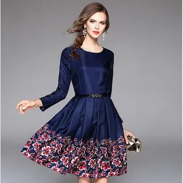 

2019 Autumn Winter Women's Print Flowers Runway Dresses Ladies Office Wrist Sleeve Chinese Style Work Party Dress ZN182