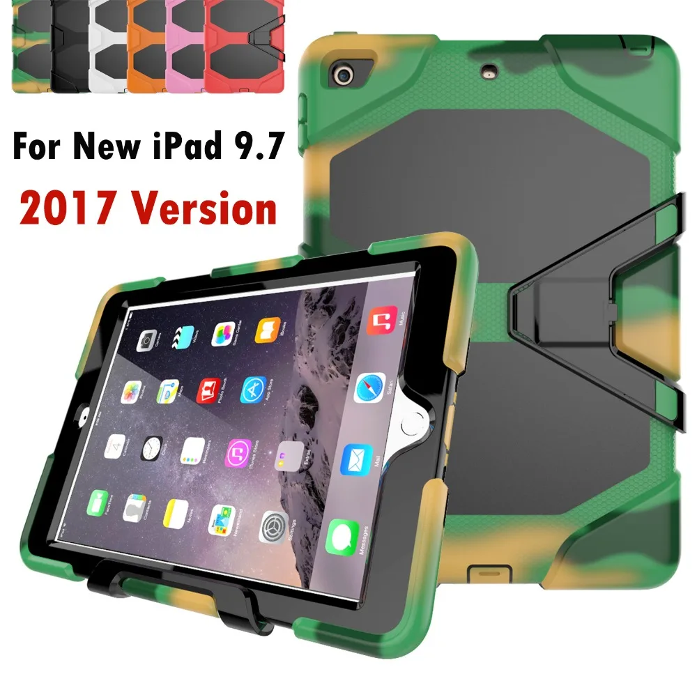 

For Apple New iPad 9.7 inch 2017 & 2018 Shockproof Armor Hybrid Defender Kickstand Case Cover W/ Bulit-in Front Protective Film