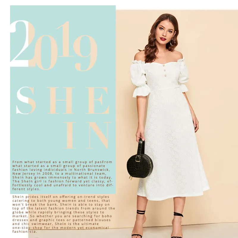 SHEIN Расклешенное Платье На Пуговицах С Оригинальным Рукавом И Оборкой Женское Летнее Летнее Платье С Средним Рукавом И Открытым Плечом