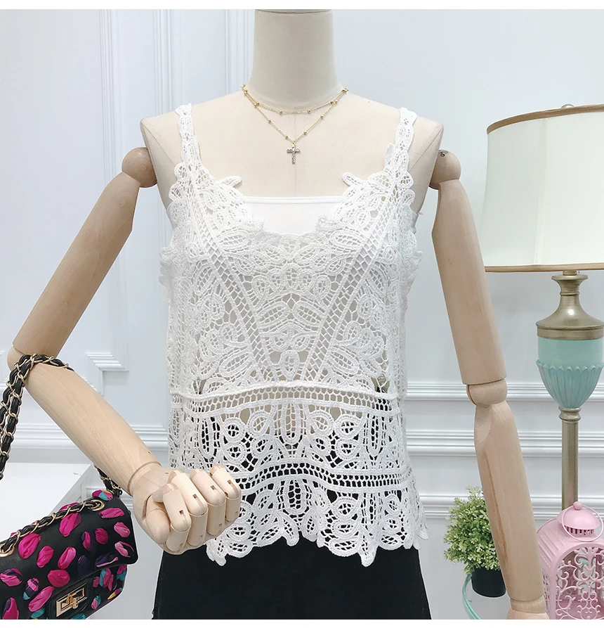 Yuxinfeng летние белые кружева Cami Top Для женщин с прорезями, бохо обрезанный Женский Топ сплошной Сексуальная Блузка, топ дамы черный, розовый синий