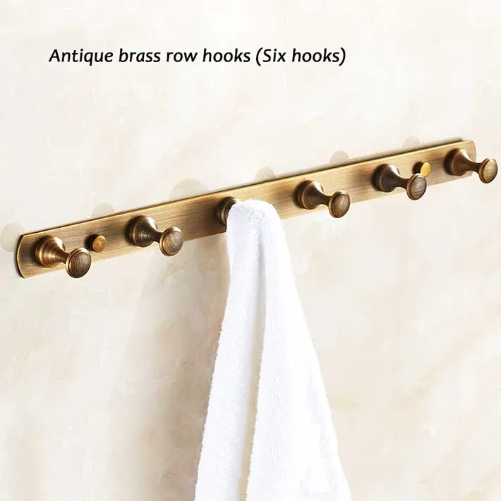 Antique Brass Row 6 Clothes Hook Wall Mounted Bath Towel Coat Hanger