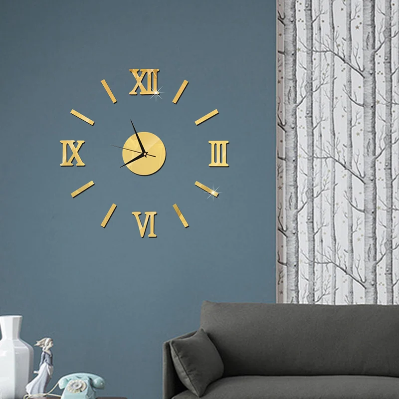 Large DIY Wall Clock Acrylic Mirror Stickers Roman Number Clocks for