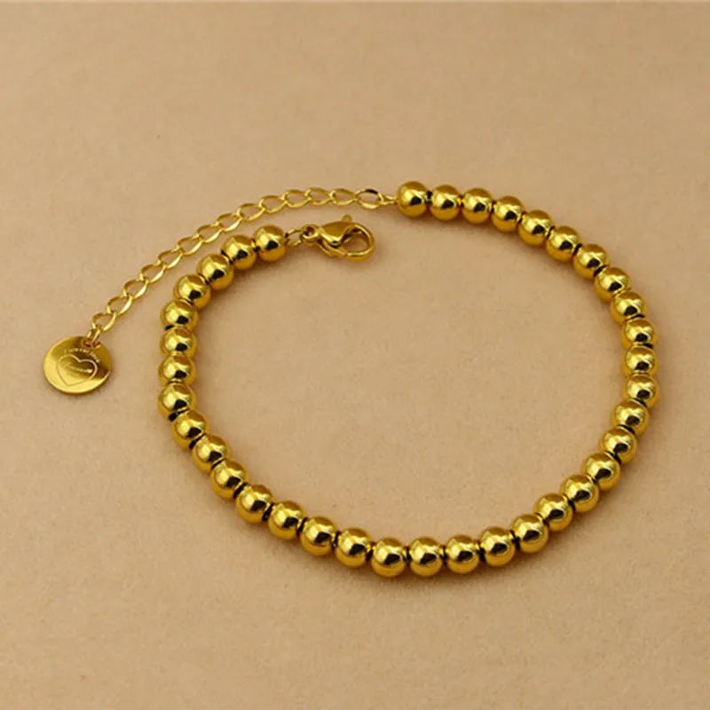 

New Gold Color Filled Stainless Steel Beads Bracelets Women Men Heart Love Jewelry Customize 4/5mm Strand Bracelets K0004
