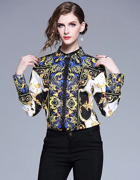 Perancang Panggung Mode Baju Atasan Wanita Lengan Panjang Kemeja Wanita Kantor Cetak Vintage Kemeja Wanita Atasan Dan Blus 2019 Blusa Feminina