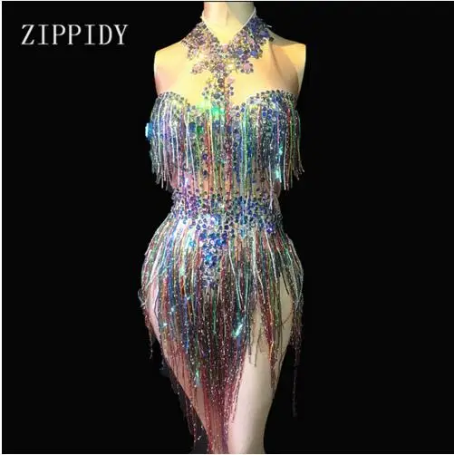 

New design Fashion Colorful Fringes Rhinestones Women Stage Dance Costume Nightclub Dance Female Singer Show Bright Leotard