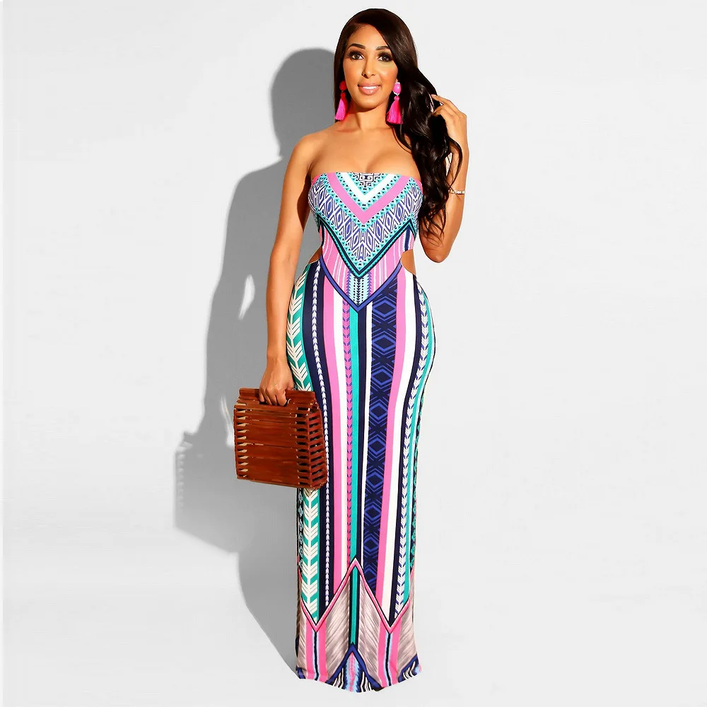 

JRRY Sexy Strapless Print Women Maxi Dress Floor Length Long Maxi Dress High Elasticity Soft Maxi Dress New Long Dress Vestidos