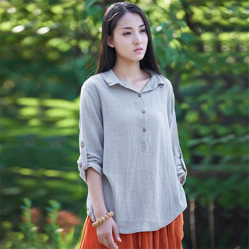 

Johnature New Clothes 2019 Autumn Women's Shirt Soft Cotton Linen Casual Vintage 5 Color Plus Loose Solid Turn-down Simple Shirt