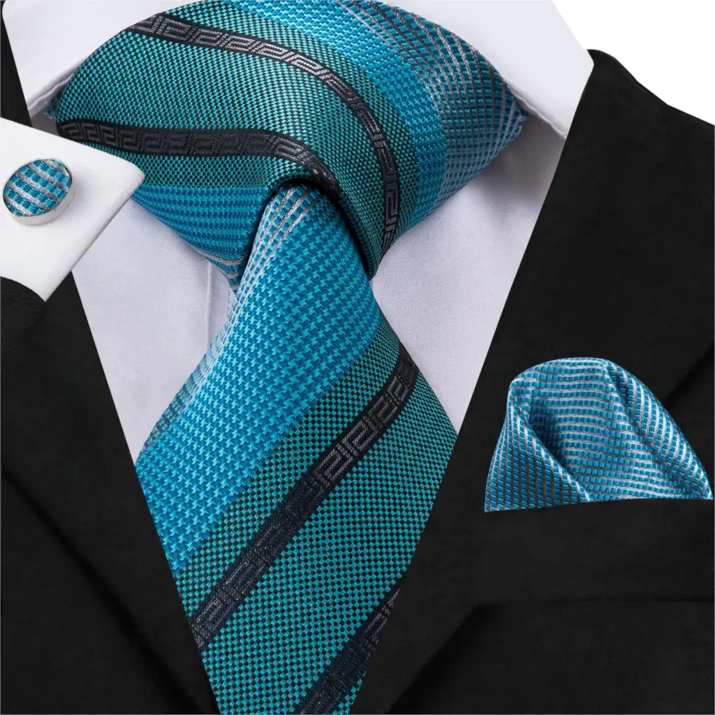 Blue Novelty Silk Tie Set Checks Necktie Pocket Square Cufflinks Wedding Party