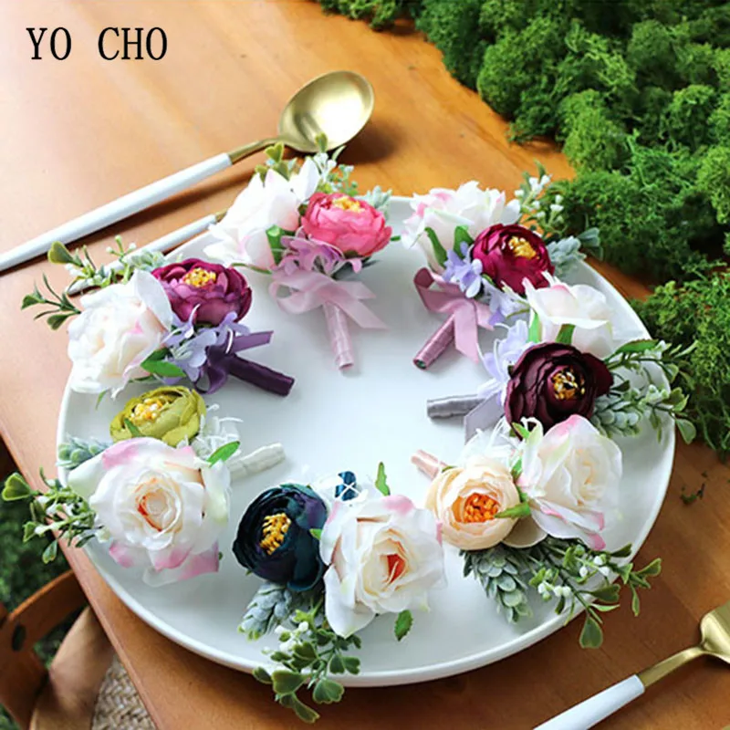 YO CHO White Wedding Corsage and Wrist Flower Suit Silk Rose Marriage Corsage Boutonniere Groom Guest Brooch Wedding Accessories