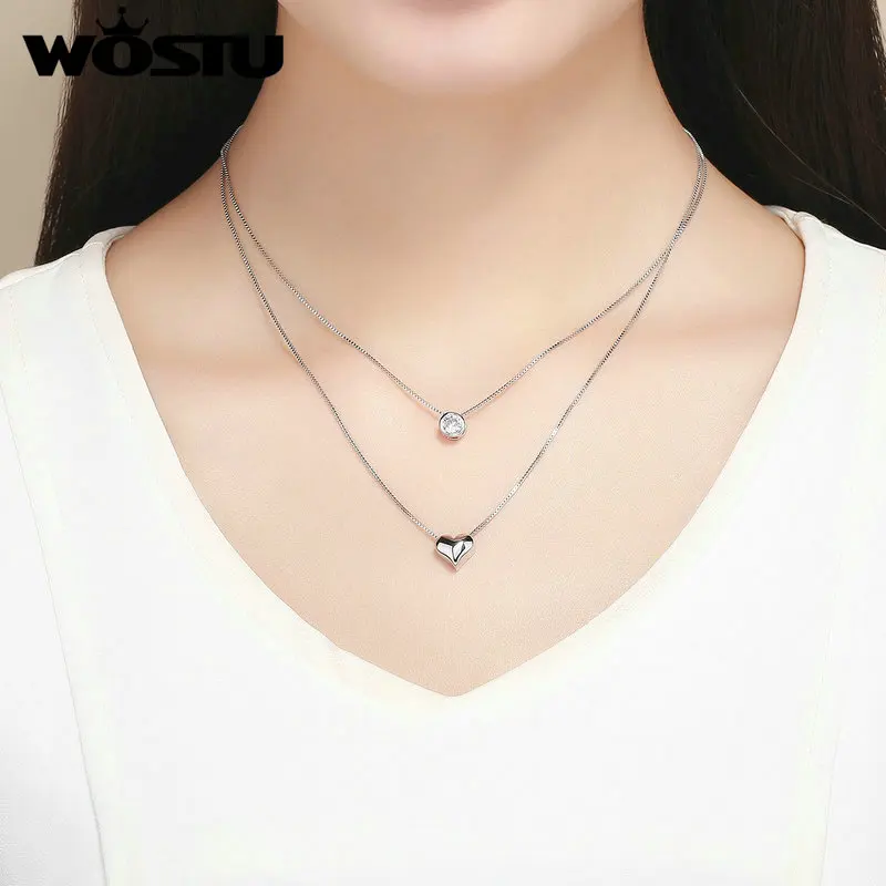 WOSTU корейское двойное ожерелье с подвеской в виде сердца и круга, Круглый Циркон, длинная цепочка, ожерелье для женщин, свадебное 925, ювелирное изделие FFN087