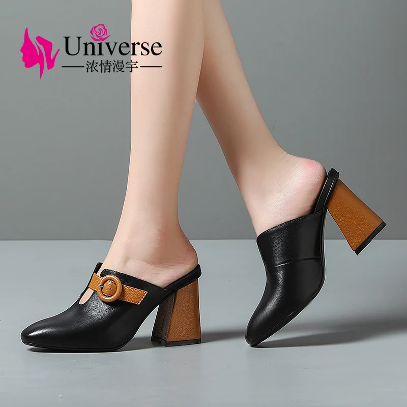 Женские туфли лодочки на высоком каблуке из коровьей кожи|chunky heel shoes|heel shoeswomen high