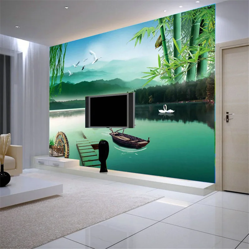 

Customized mural large 3D natural scenery with tree mountain behind TV sofa as background wallpaper in living room