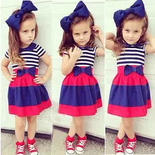 Novo estilo Coreano 2015 do bebê da menina Bowknot Manga Curta Vestidos Casuais Elegante O Pescoço Vestido Listrado Plus Size