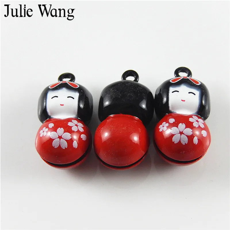 Julie Wang 5 шт. милый сплав красная эмаль японская кукла колокольчик Шарм для