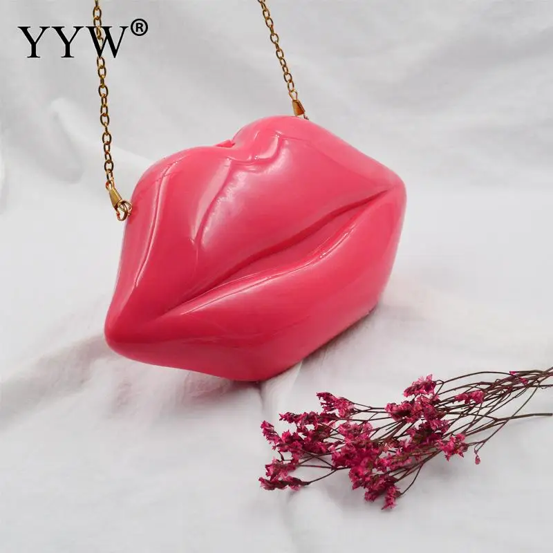 

2019 Women Red Lips Clutch Bag Ladies Acrylic Chain Strap Shoulder Bag Bolsa Female Evening Bag Lips Shape Purse Red Pink