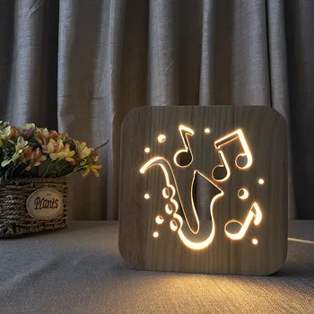 

3D Wooden Saxphone Shape Lamp Hollowed-out LED Night Light Warm White Night Lamp USB Power Supply as Friend's Gift
