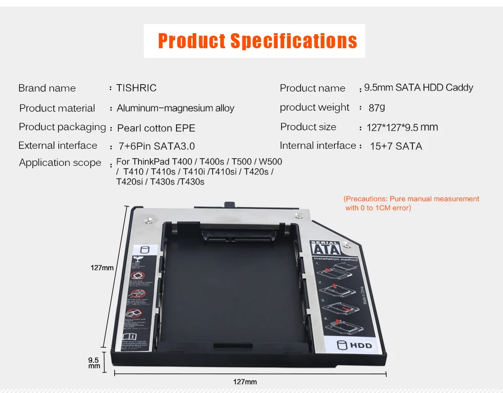 TISHRIC алюминиевый 2-ой HDD Caddy 9,5 мм SATA 3,0 2," SSD чехол Корпус для lenovo ThinkPad Optibay T420s T430s T500 W500 T400 T410