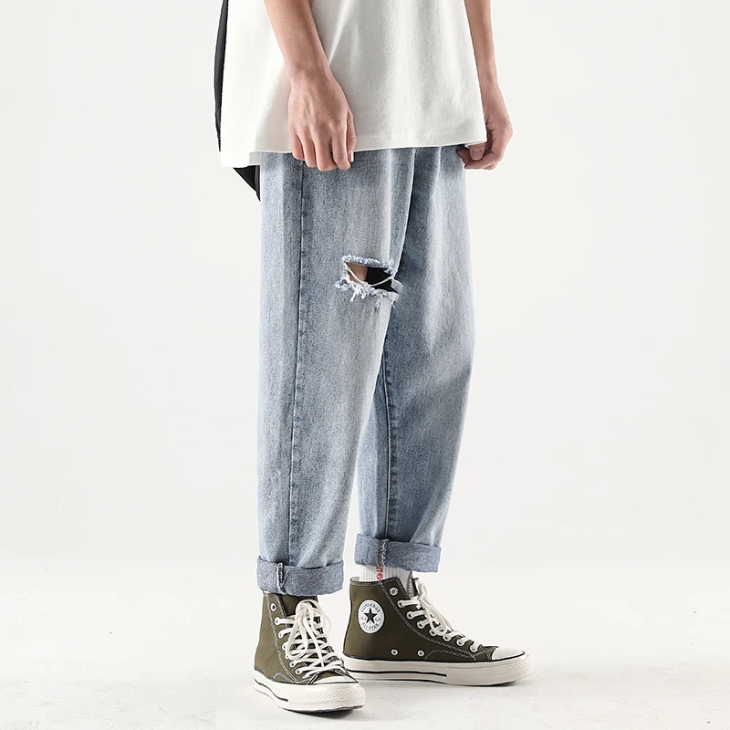

Summer New Youth Pop Casual Loose Straight Tube Hole Jeans Men Multi-color Nine Cent Pants Streetwear