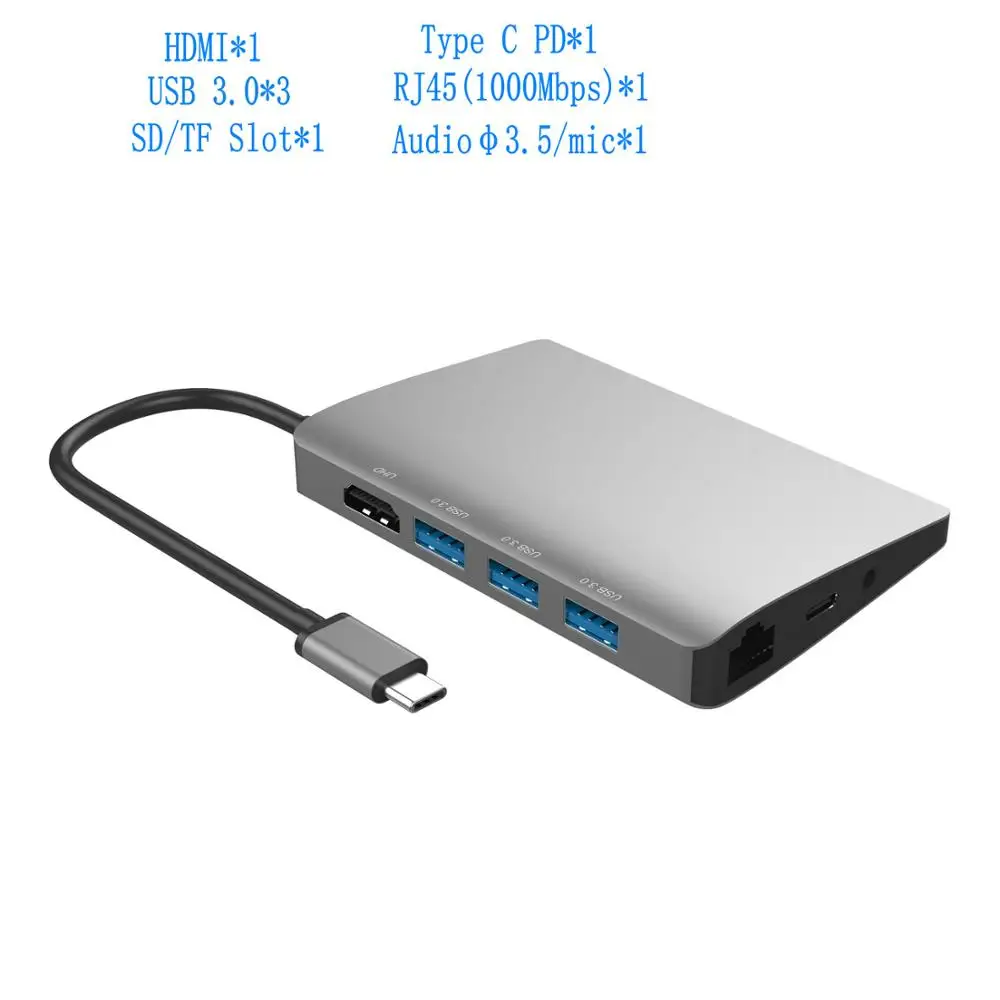 JZYuan 9 в 1 концентратор USB C 3,1 концентратор к HDMI 4 K/30Hz Ethernet RJ45 Тип C зарядная док-станция для MacBook Pro huawei P20 Pro usb-хаб 3,0 - Цвет: Gray