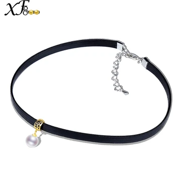 

XF800 18K Gold Pearl Necklace Pendant 9-10mm Natural Stone Freshwater Fine Jewlery Box Trendy Gift Women Wedding Hollow XFX239