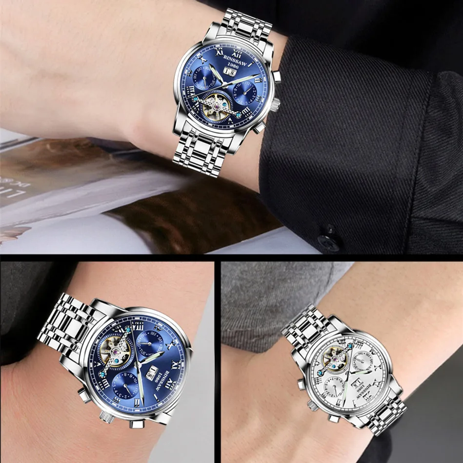 BINSSAW Automatische Mechanische Uhren Luxus Marke Mode Tourbillon Edelstahl Бизнес Спорт Uhr Relogio Masculino